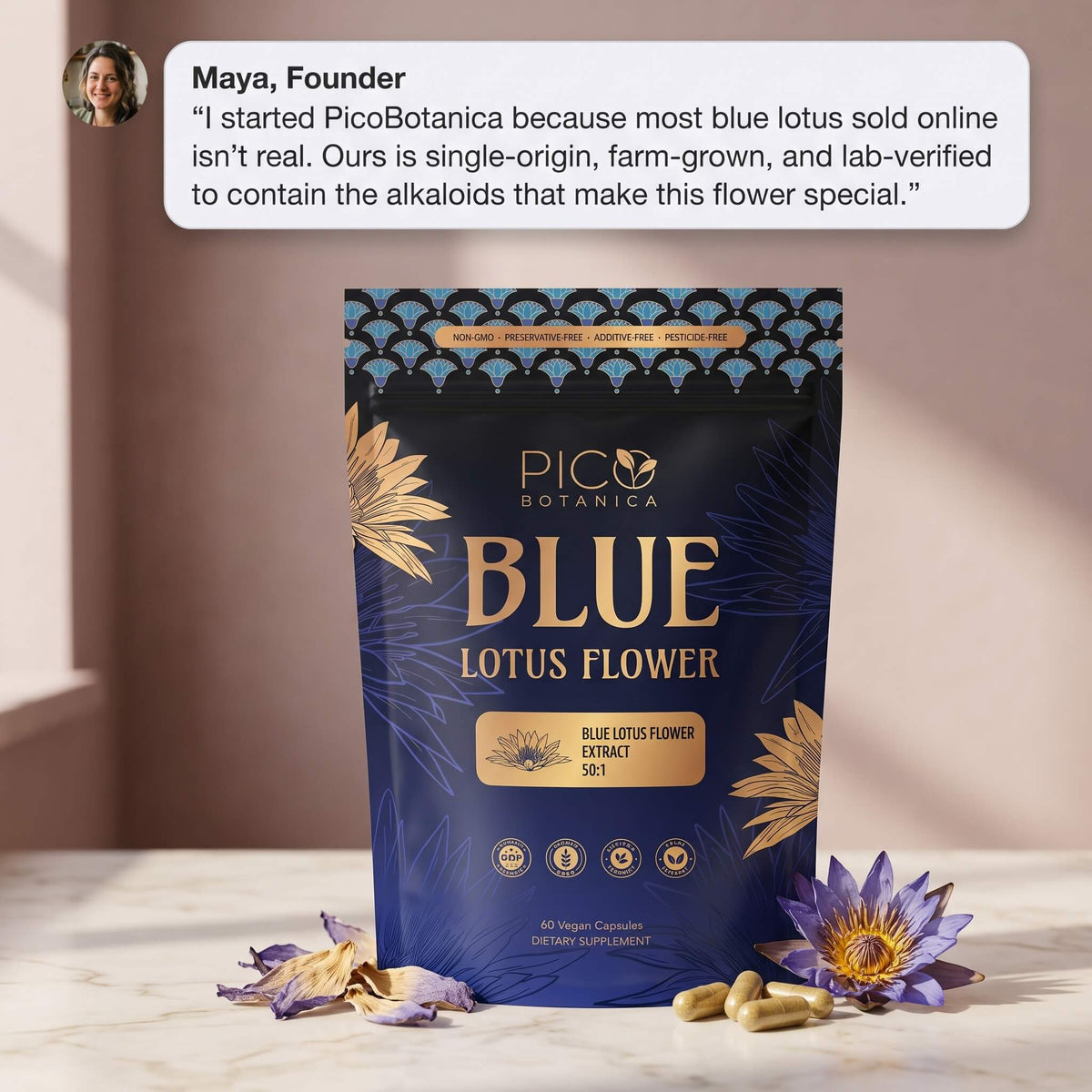 Blue Lotus Extract Capsules — 50:1 Nymphaea caerulea, 60 Count