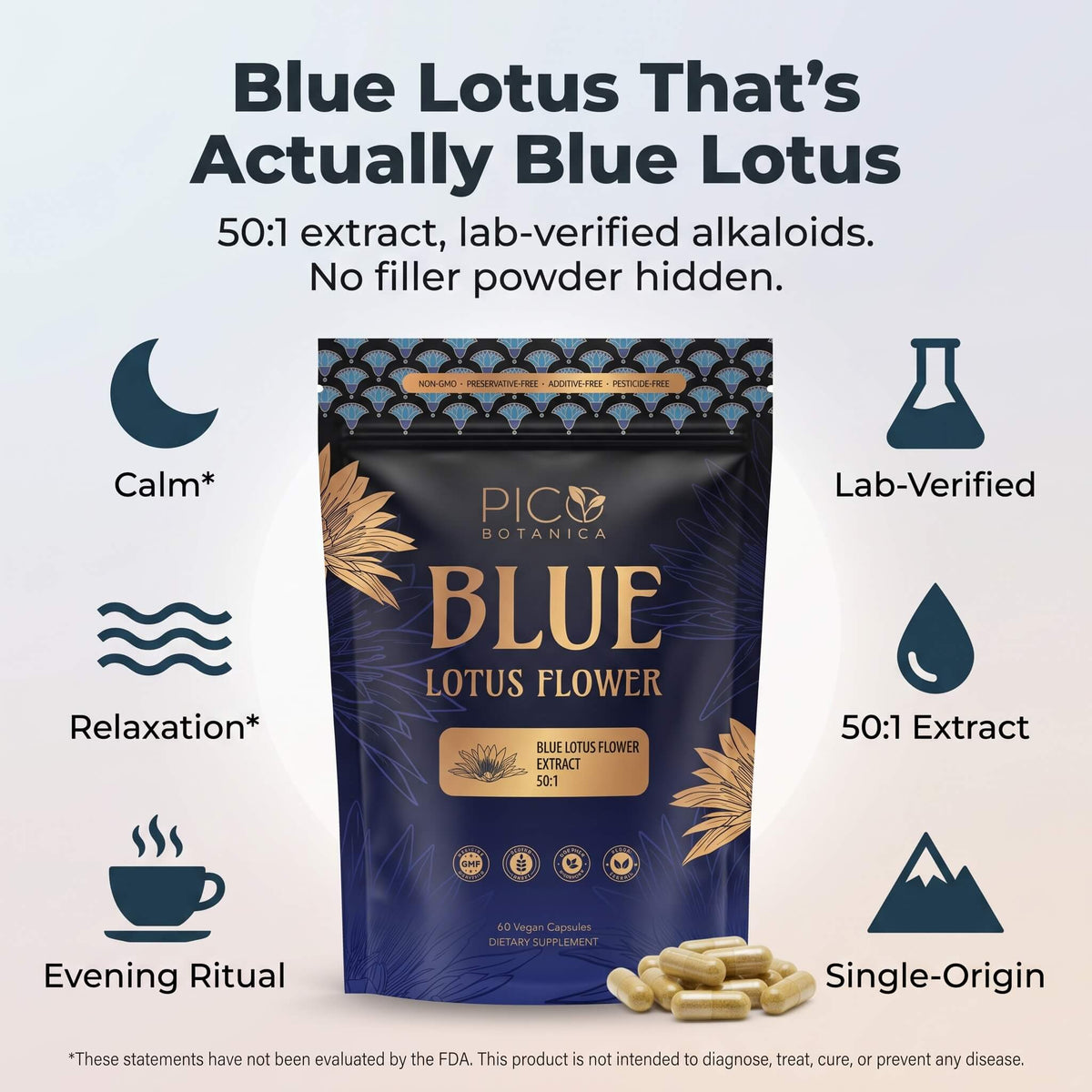 Blue Lotus Extract Capsules — 50:1 Nymphaea caerulea, 60 Count