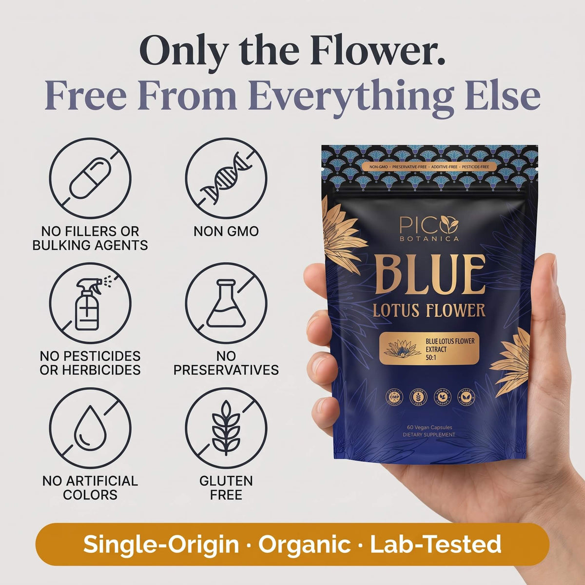 Blue Lotus Extract Capsules — 50:1 Nymphaea caerulea, 60 Count