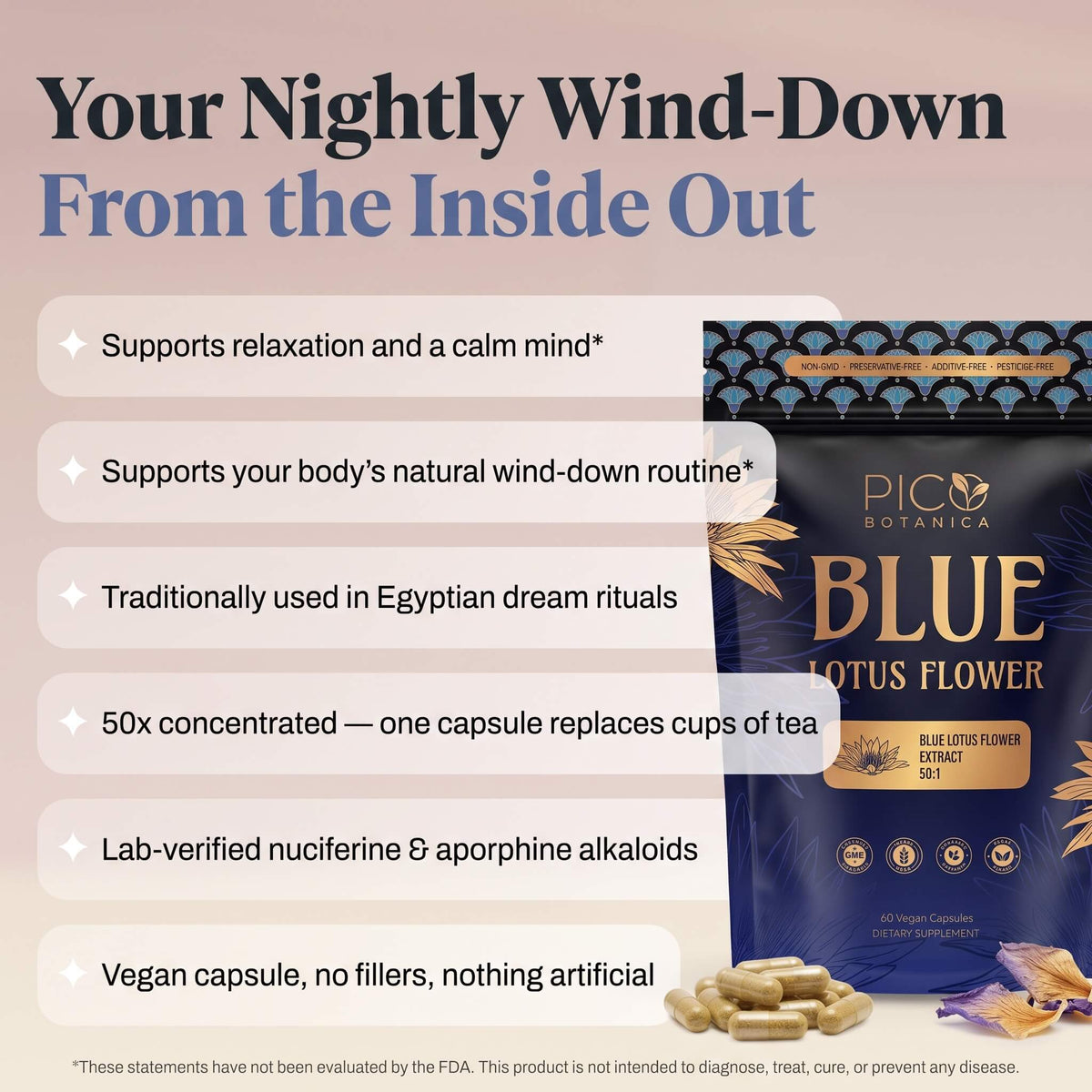 Blue Lotus Extract Capsules — 50:1 Nymphaea caerulea, 60 Count