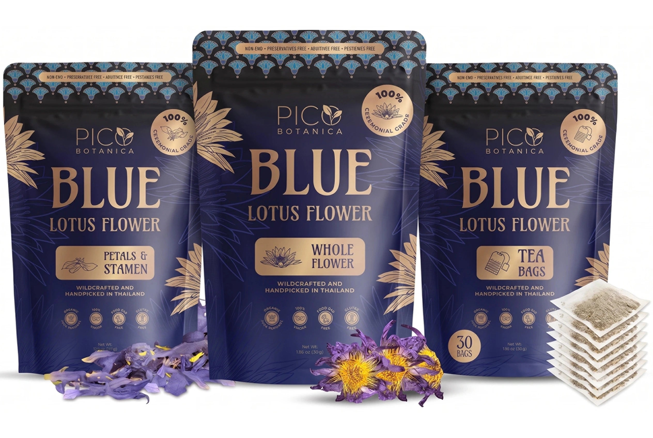 PicoBotanica Blue Lotus range — Petals & Stamen, Whole Flower and Tea Bags pouches with dried violet blooms and petals